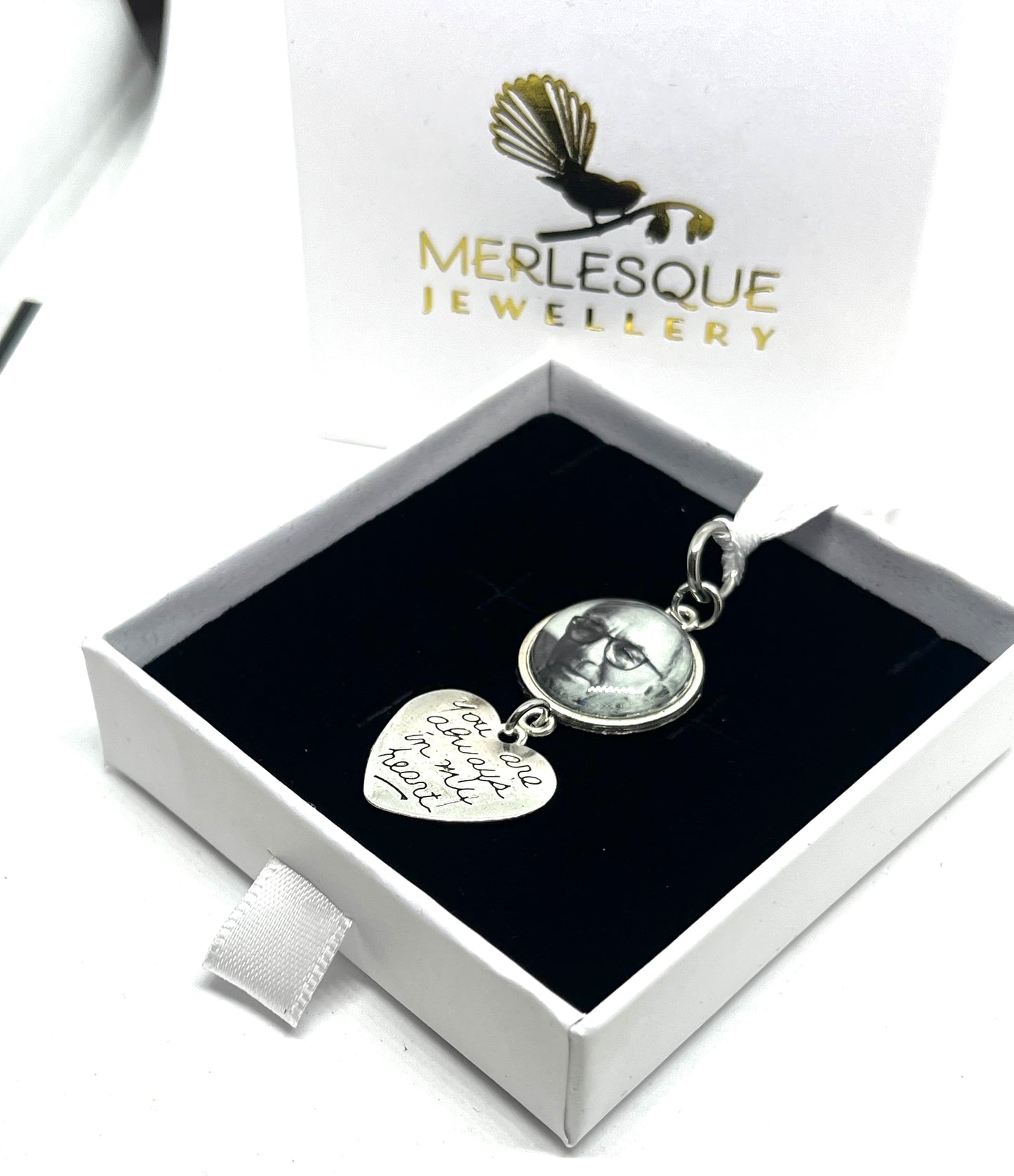 Wedding photo charm in a single silver setting with a heart that says " you are always in my heart"