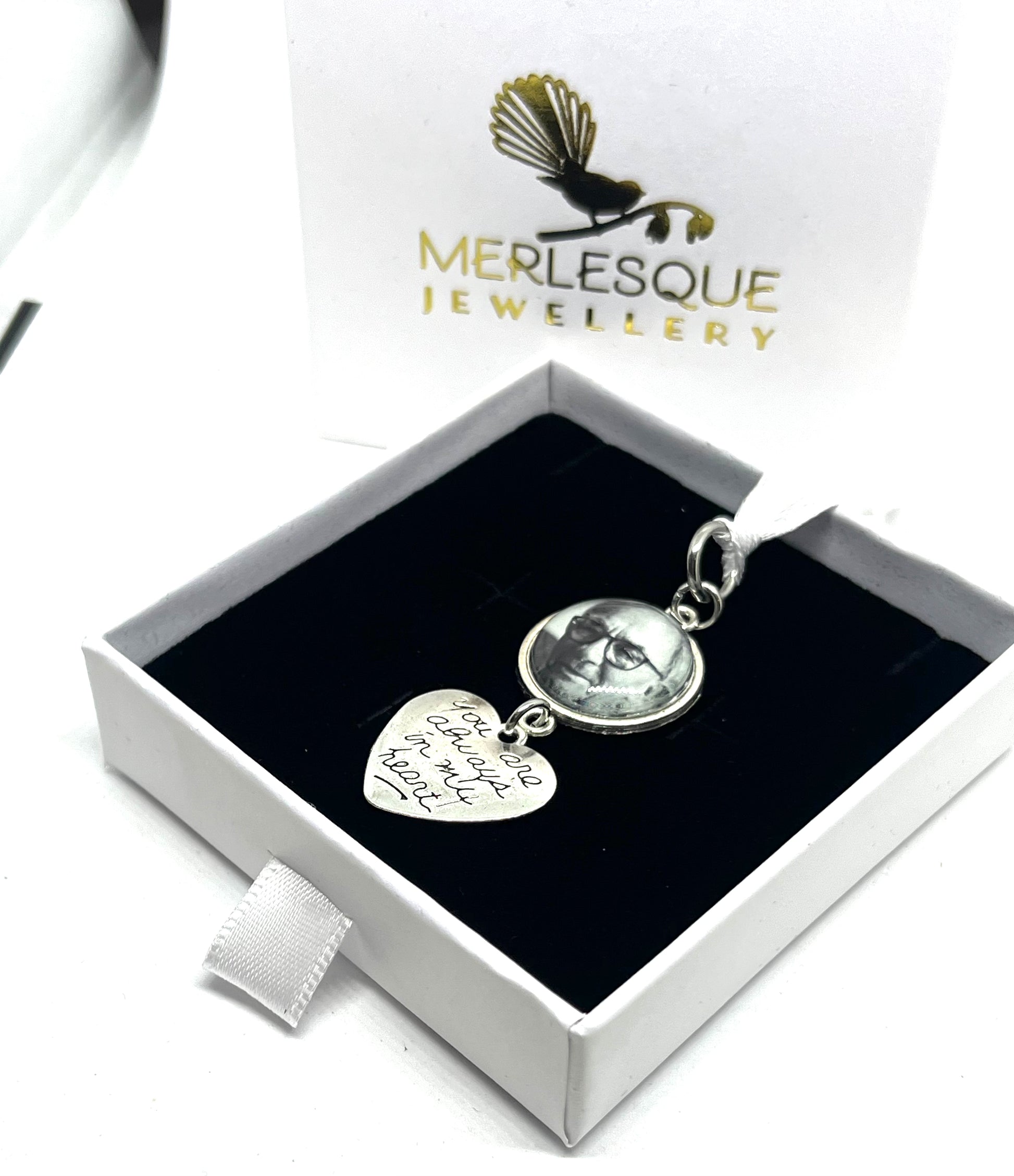 Wedding photo charm in a single silver setting with a heart that says " you are always in my heart"