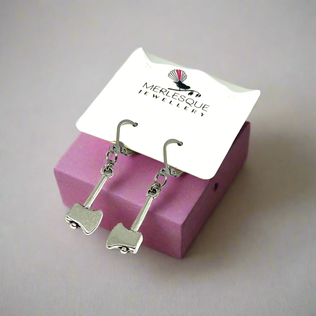 Silver axe earrings on secure closures