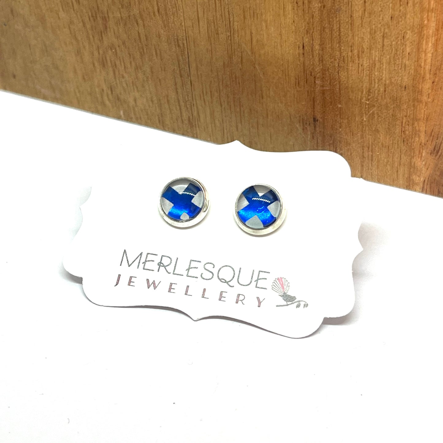 SAPPHIRE BLUE + GREY KISS STUDS
