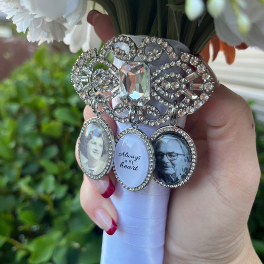diamante brooch with 3 photos images on a bouquet of flowers