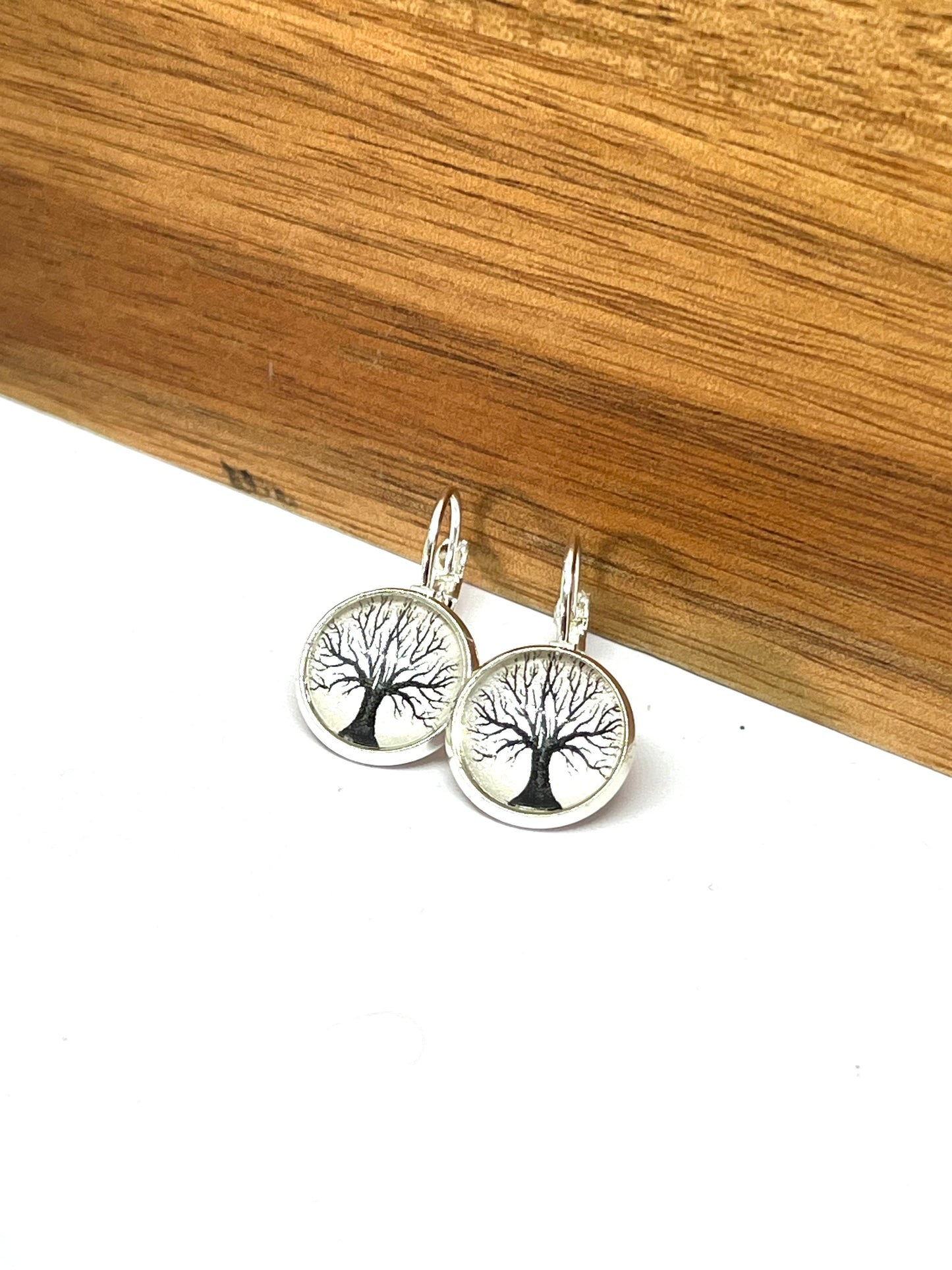 Tree of life on a pearl background glass dome earrings