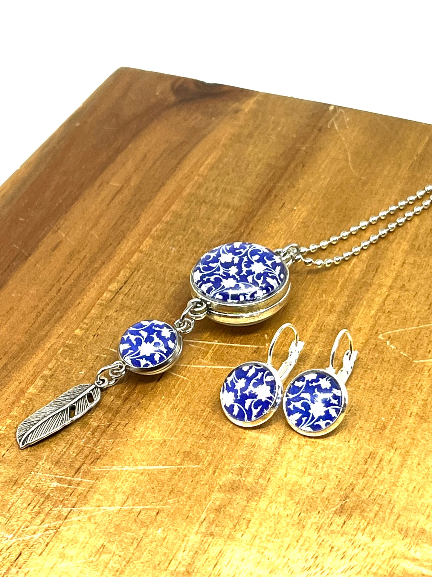 Blue china earrings with matching double sided long necklace