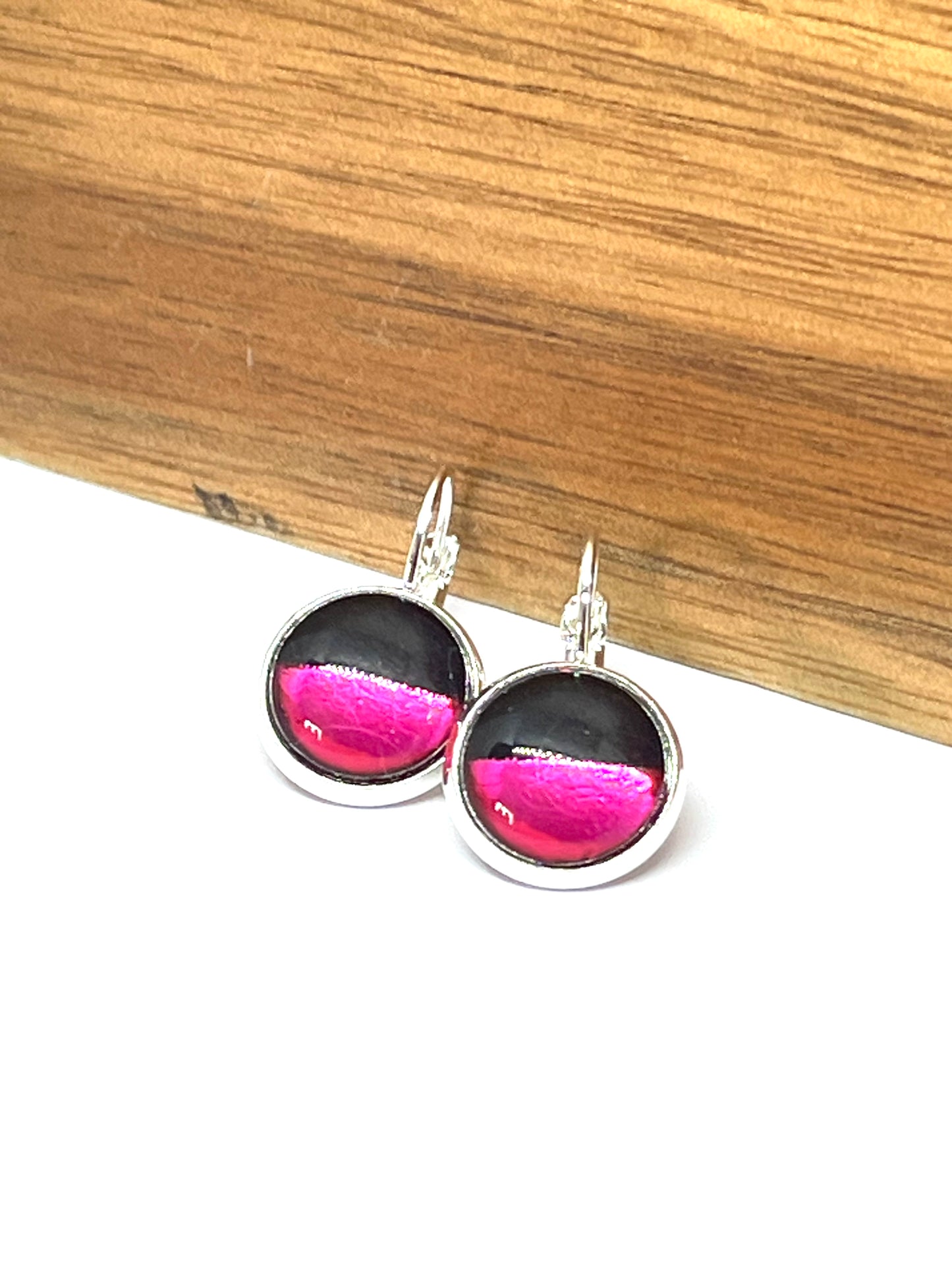 Hot pink dip on black glass dome earrings
