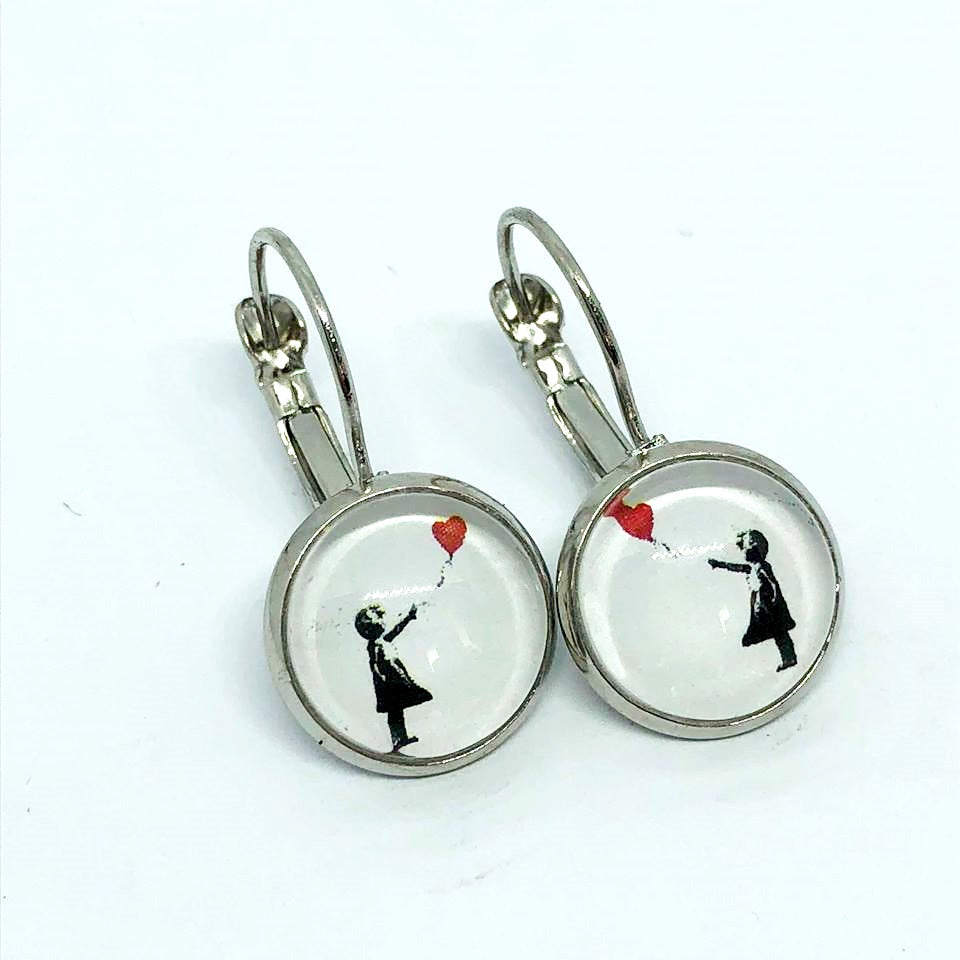 darling Banksy red balloon girl glass dome earrings