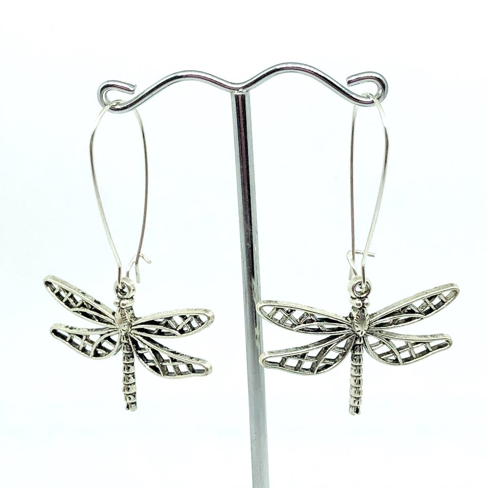 Long hook Silver filigree dragonfly earrings