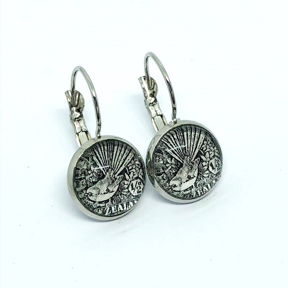 1930 stamp black & white Fantail glass dome earrings