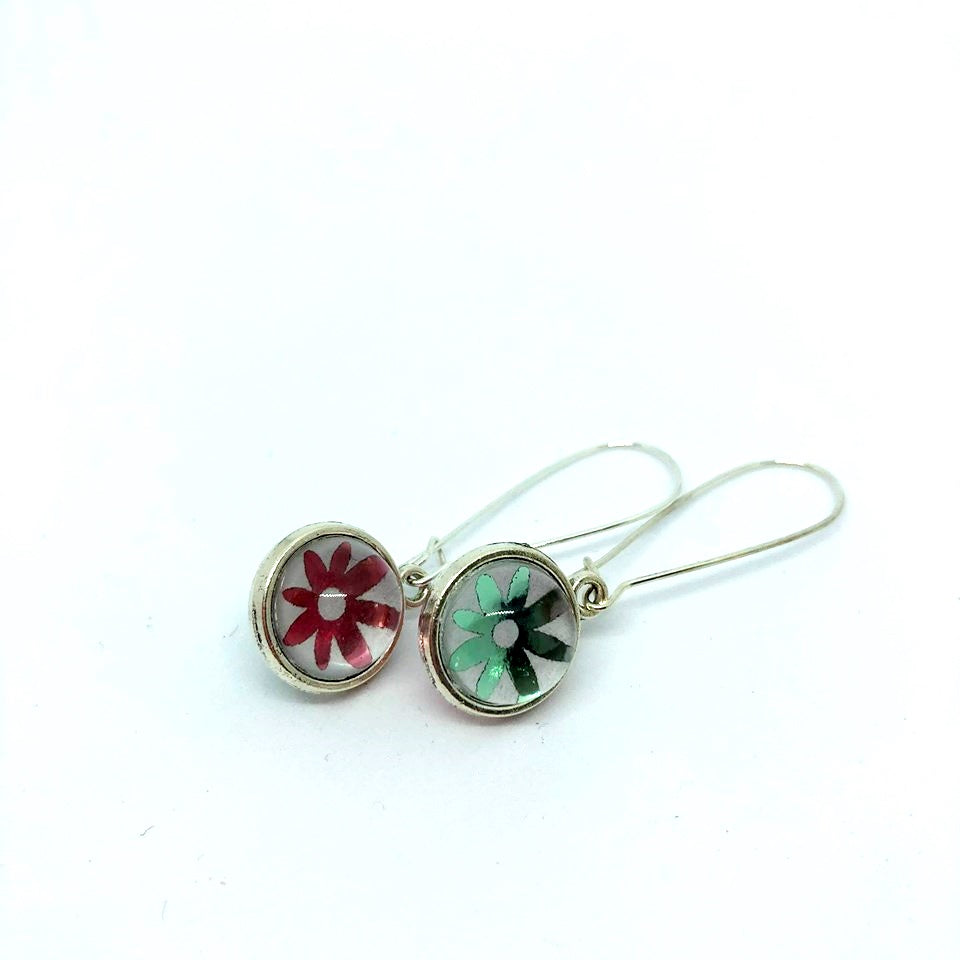 DOUBLE SIDED PINK DAISY AND MINT GREEN GLASS DOME EARRINGS