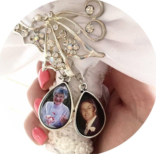 Silver teardrop photo charm for wedding flowers