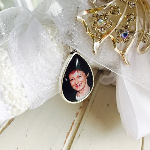 Silver teardrop wedding charm with safety pin to attach to your flowers