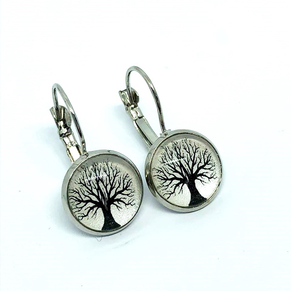 Tree of life on a pearl background glass dome earrings