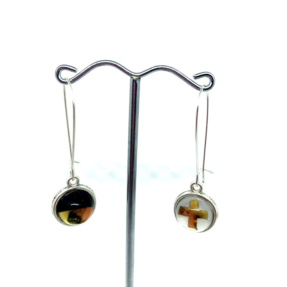 DOUBLE SIDED GOLD CROSS + GOLD DIPPED GLASS DOME EARRINGS