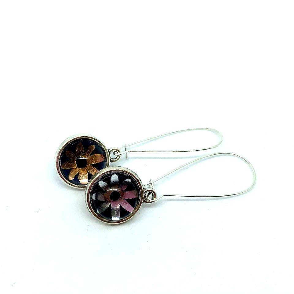 DOUBLE SIDED SILVER + ROSE GOLD DAISY GLASS DOME EARRINGS