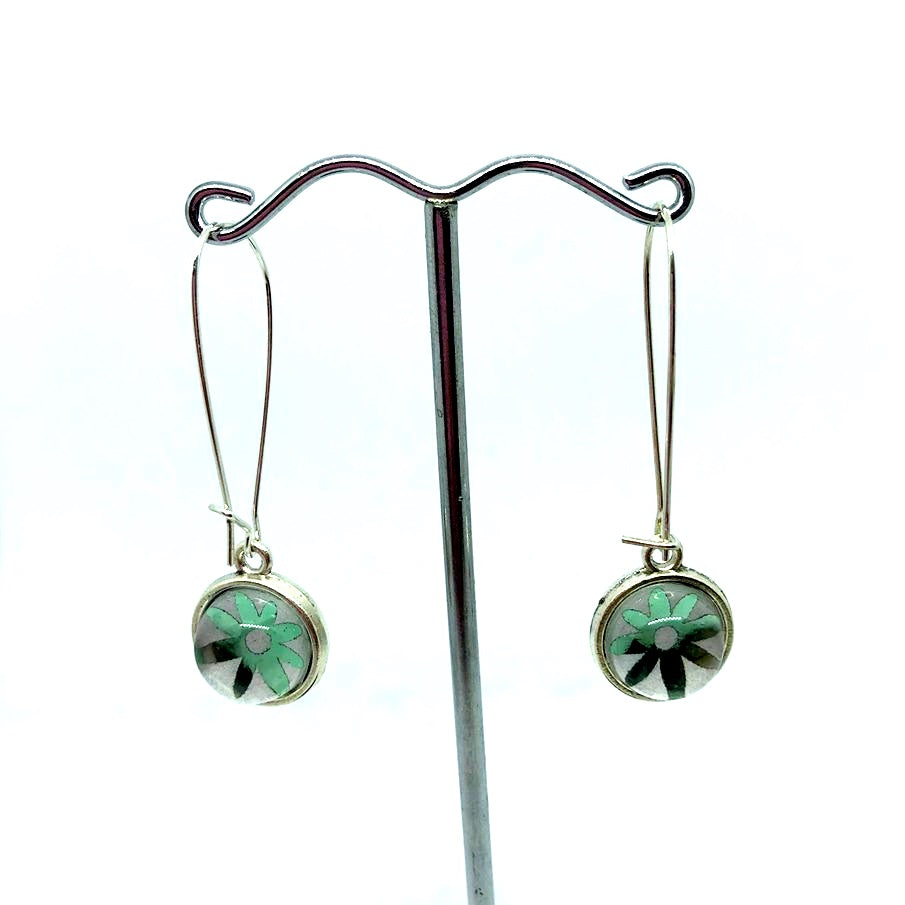 DOUBLE SIDED PINK DAISY AND MINT GREEN GLASS DOME EARRINGS