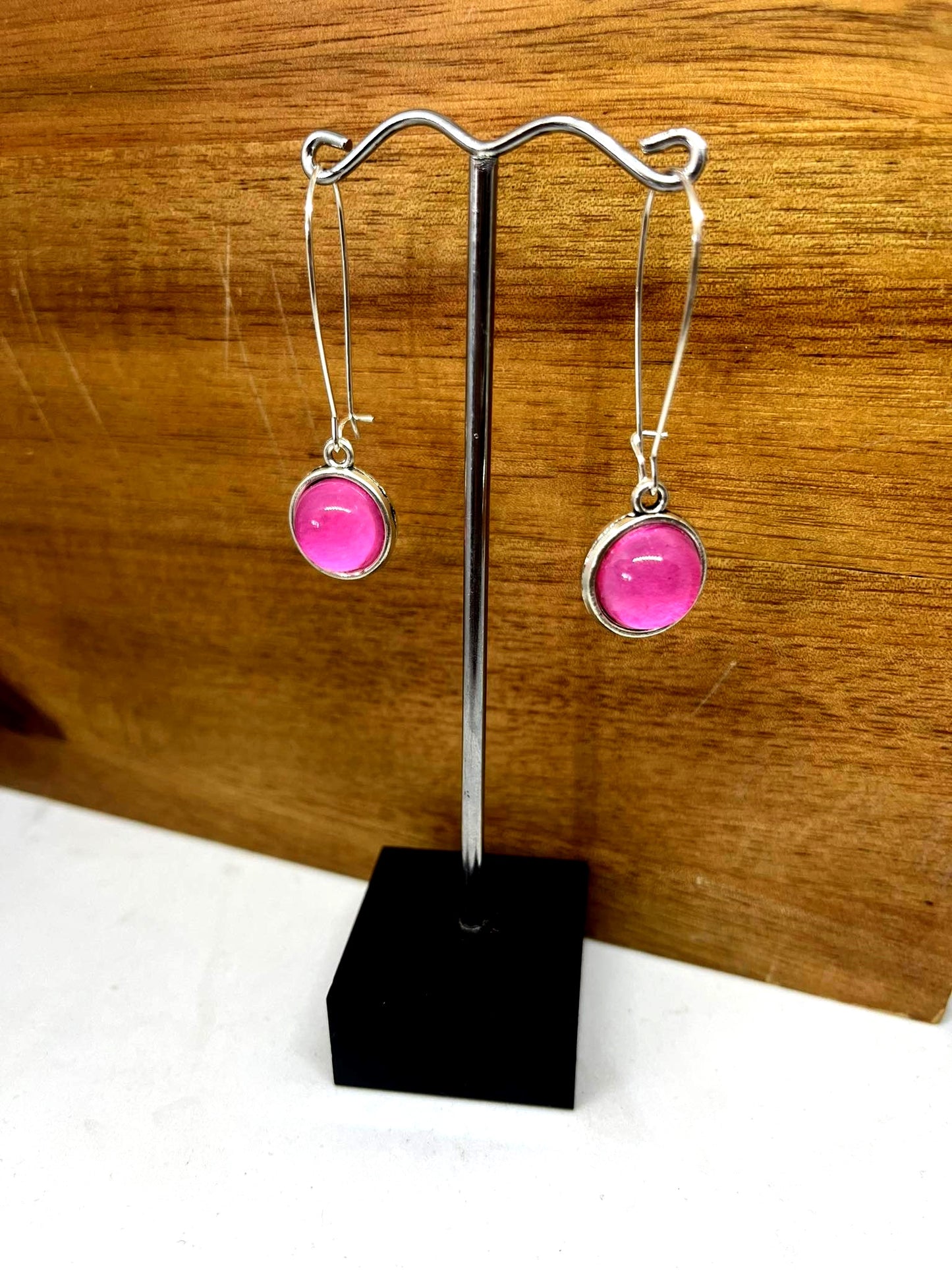 Double sided glass dome earrings with bold pink