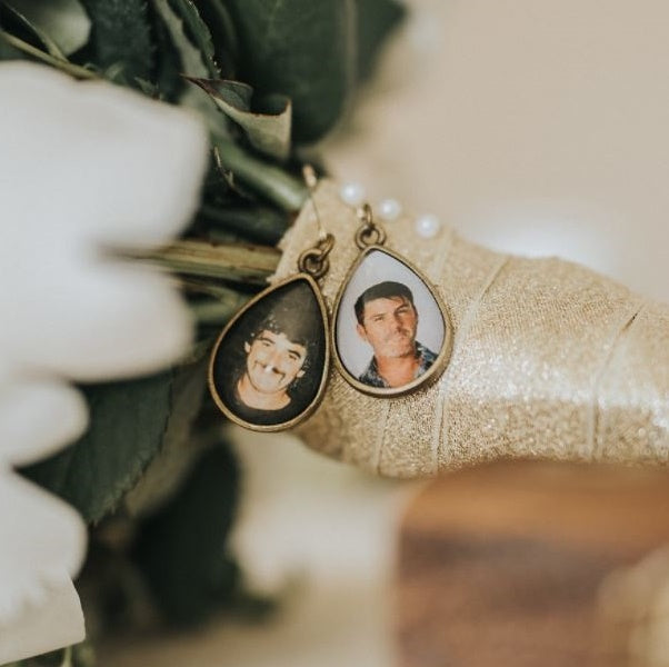 Bronze teardrop photo charm for wedding flowers 