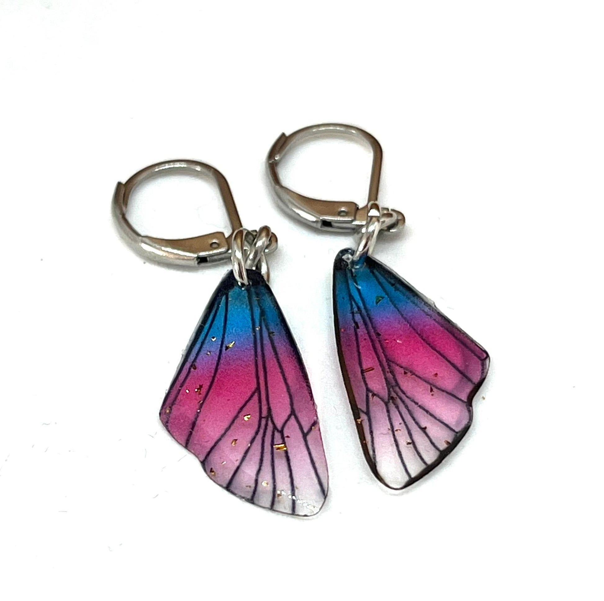 Blue & pink dainty butterfly wing earrings
