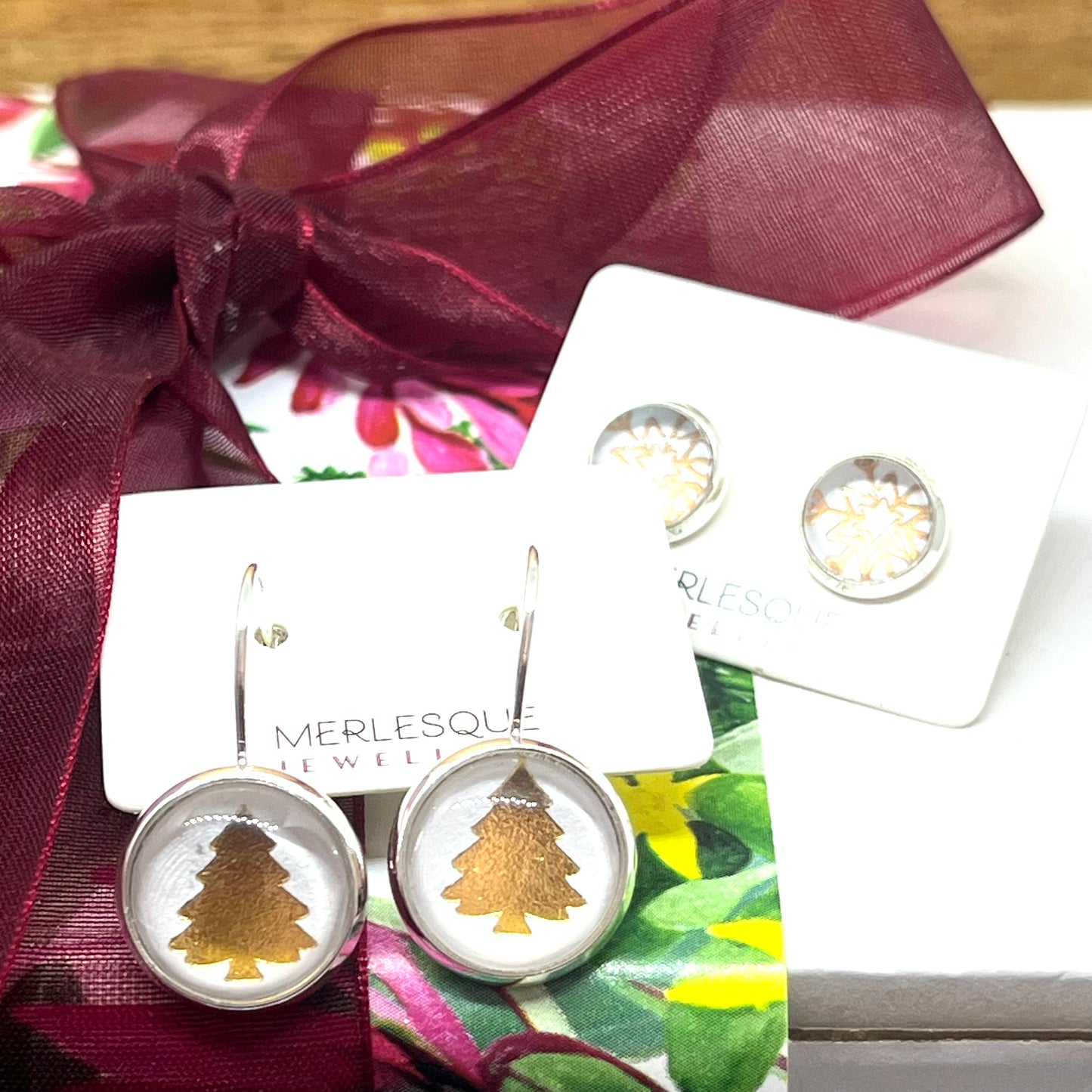 White and gold glass dome christmas tree earrings
