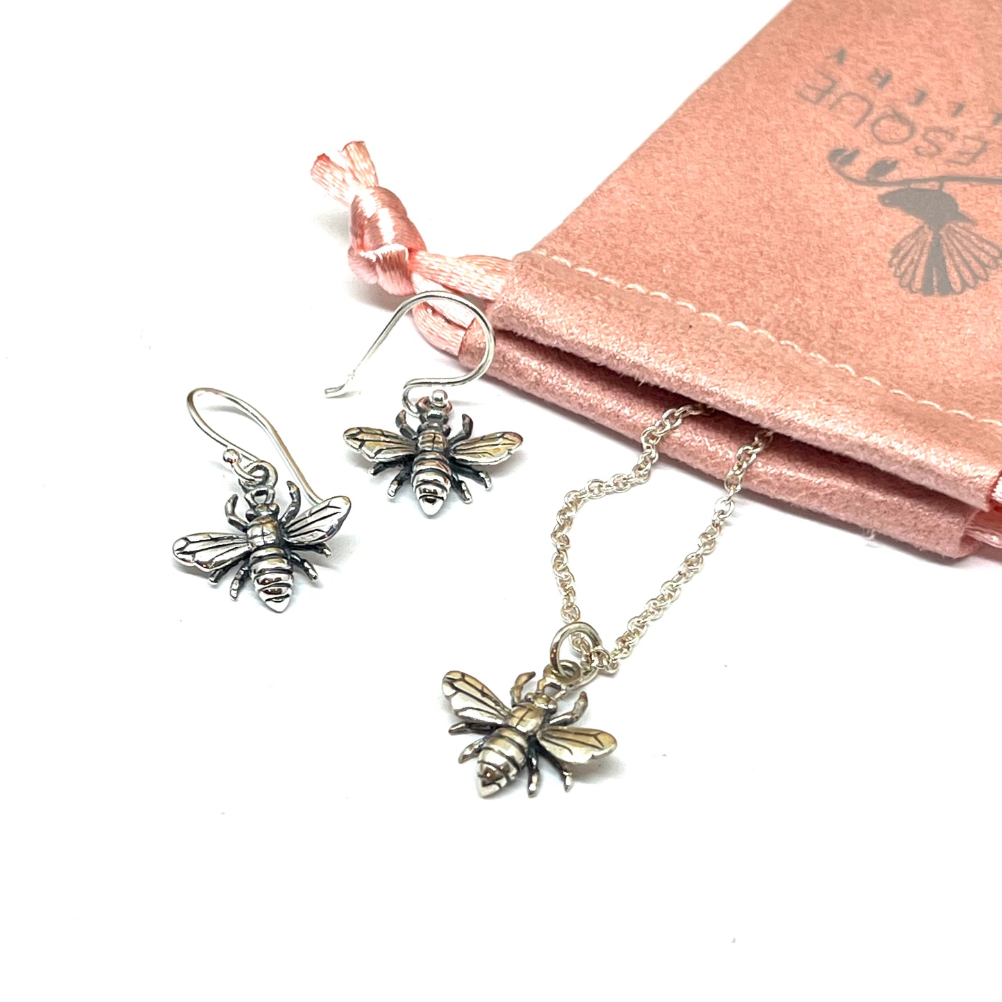 Sterling Silver honey bee earrings and necklace.