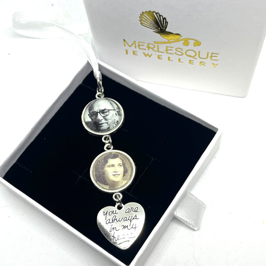 Double Wedding photo charm in a single silver setting with a heart that says " you are always in my heart" 