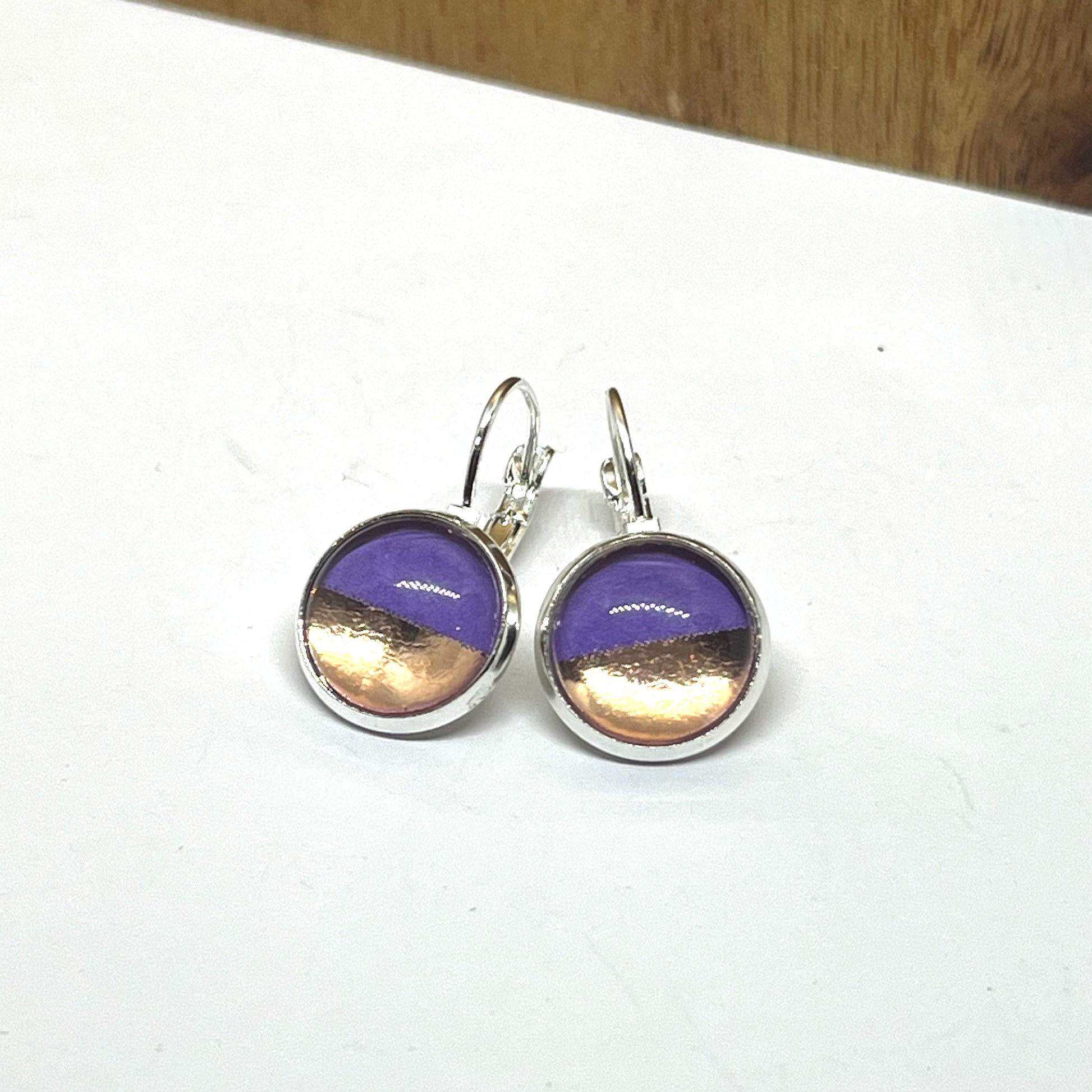 Rose gold dipped on purple glass dome earrings 