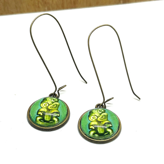 Hei tiki stamp image on long bronze earring hooks