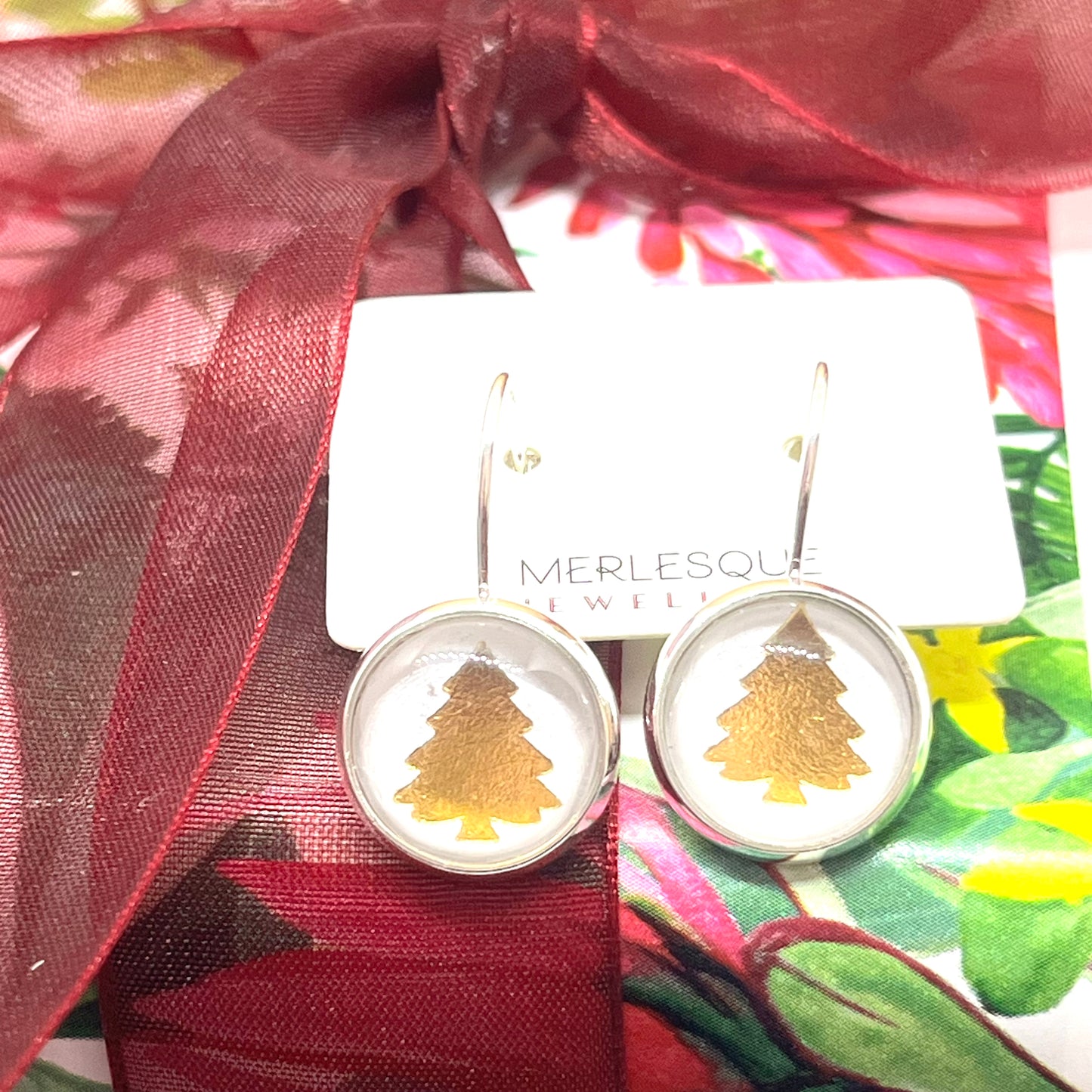 White and gold glass christmas tree earrings