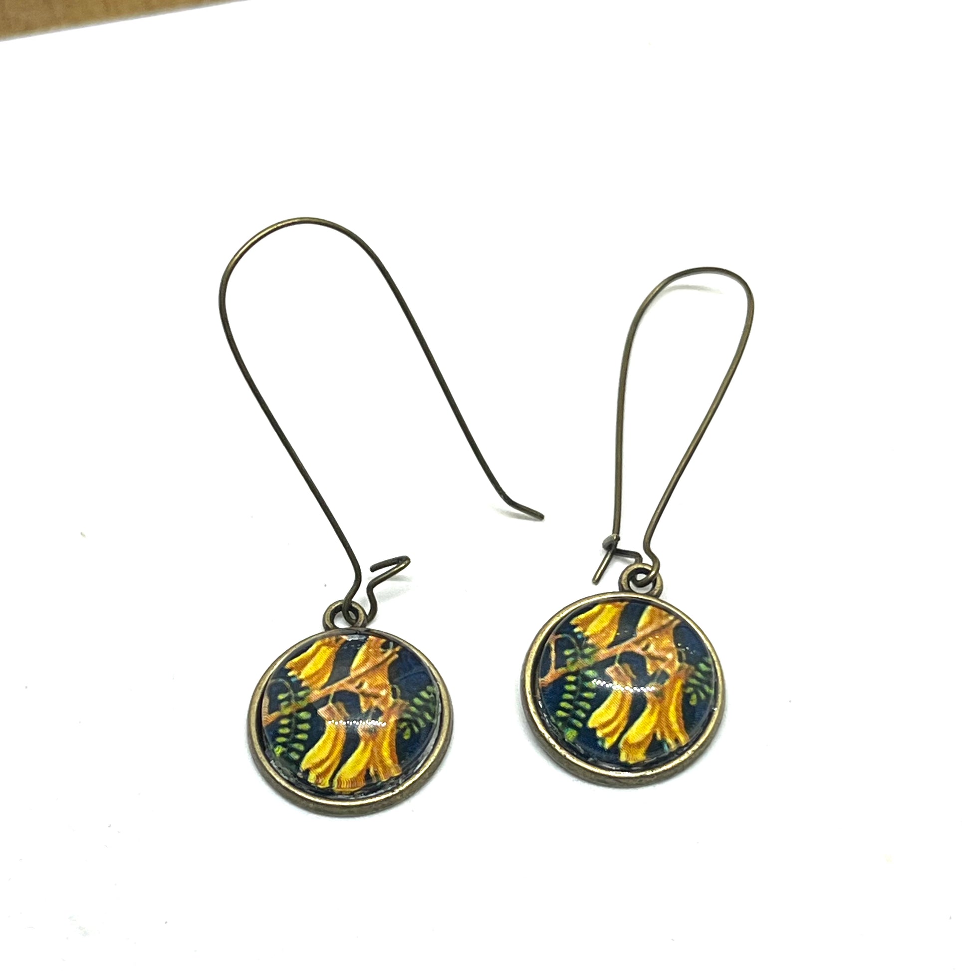 Kowhai stamp image on long bronze earring hooks