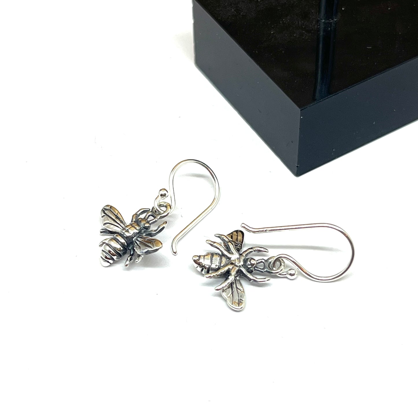 Sterling Silver honey bee earring on hooks showing the both sides