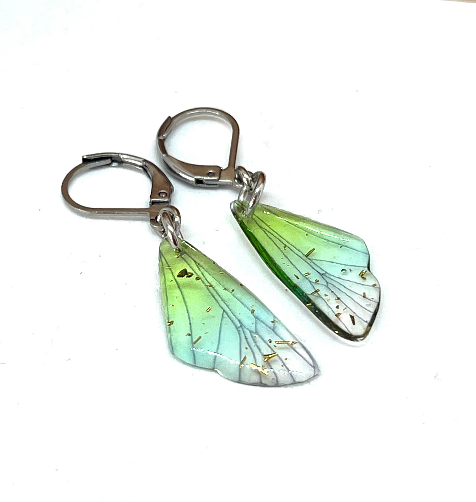 Green dainty butterfly wing earrings