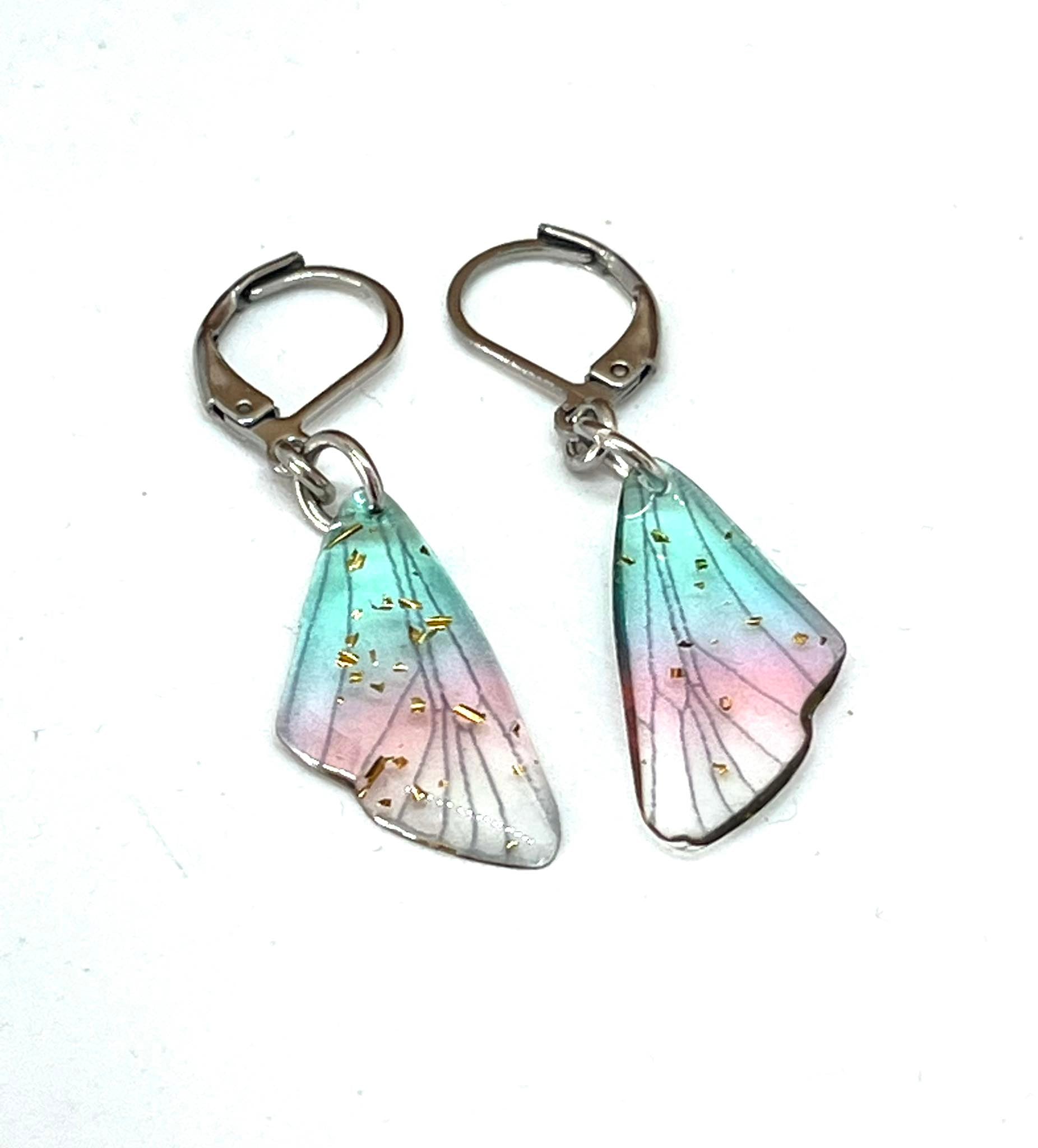 Aqua and pink dainty butterfly wing earrings