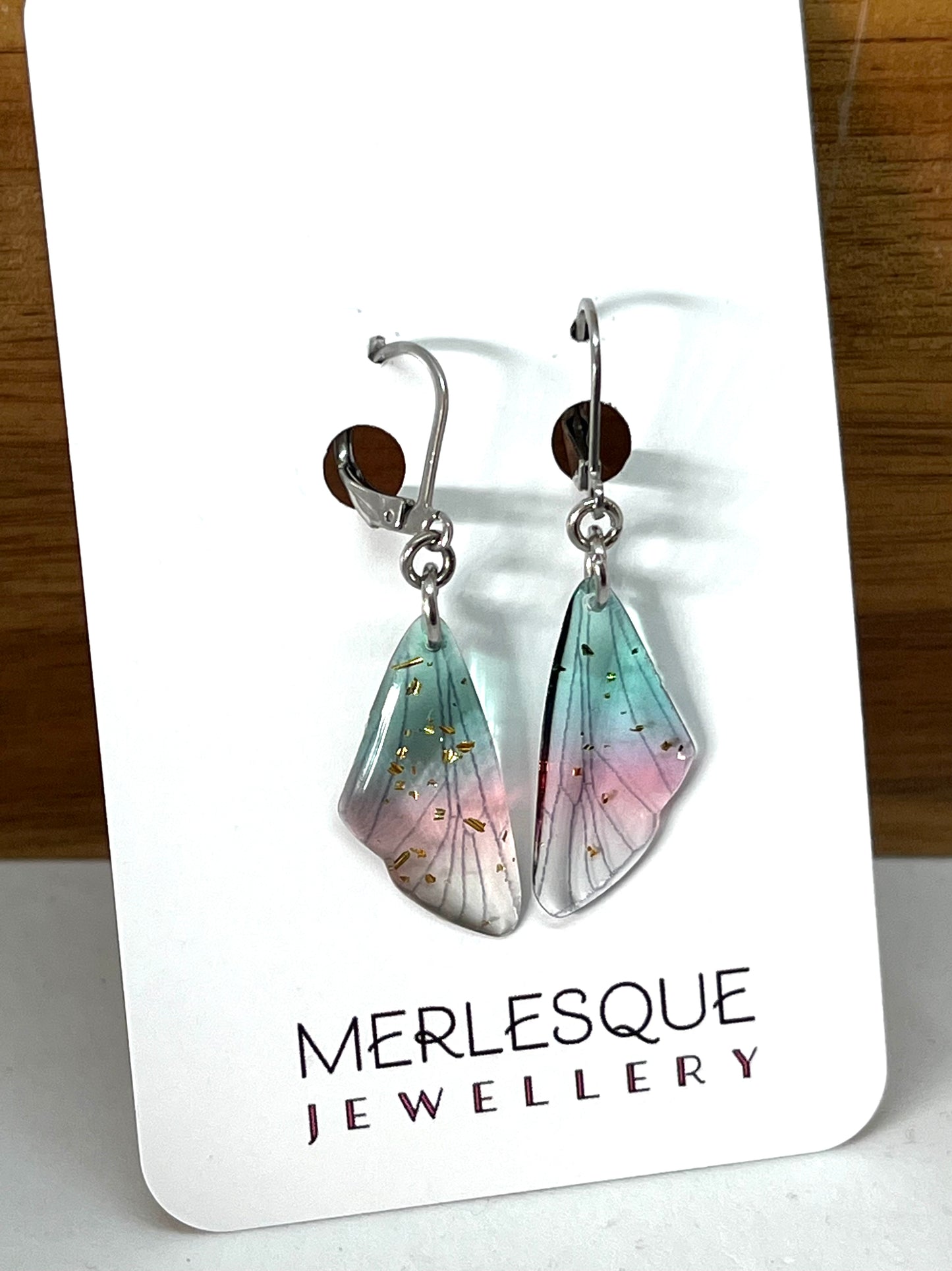 Beautiful Aqua and pink dainty butterfly wing earrings