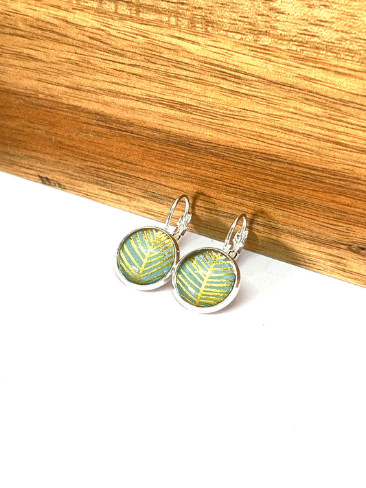 Stunning green and gold leaf stem glass dome earrings