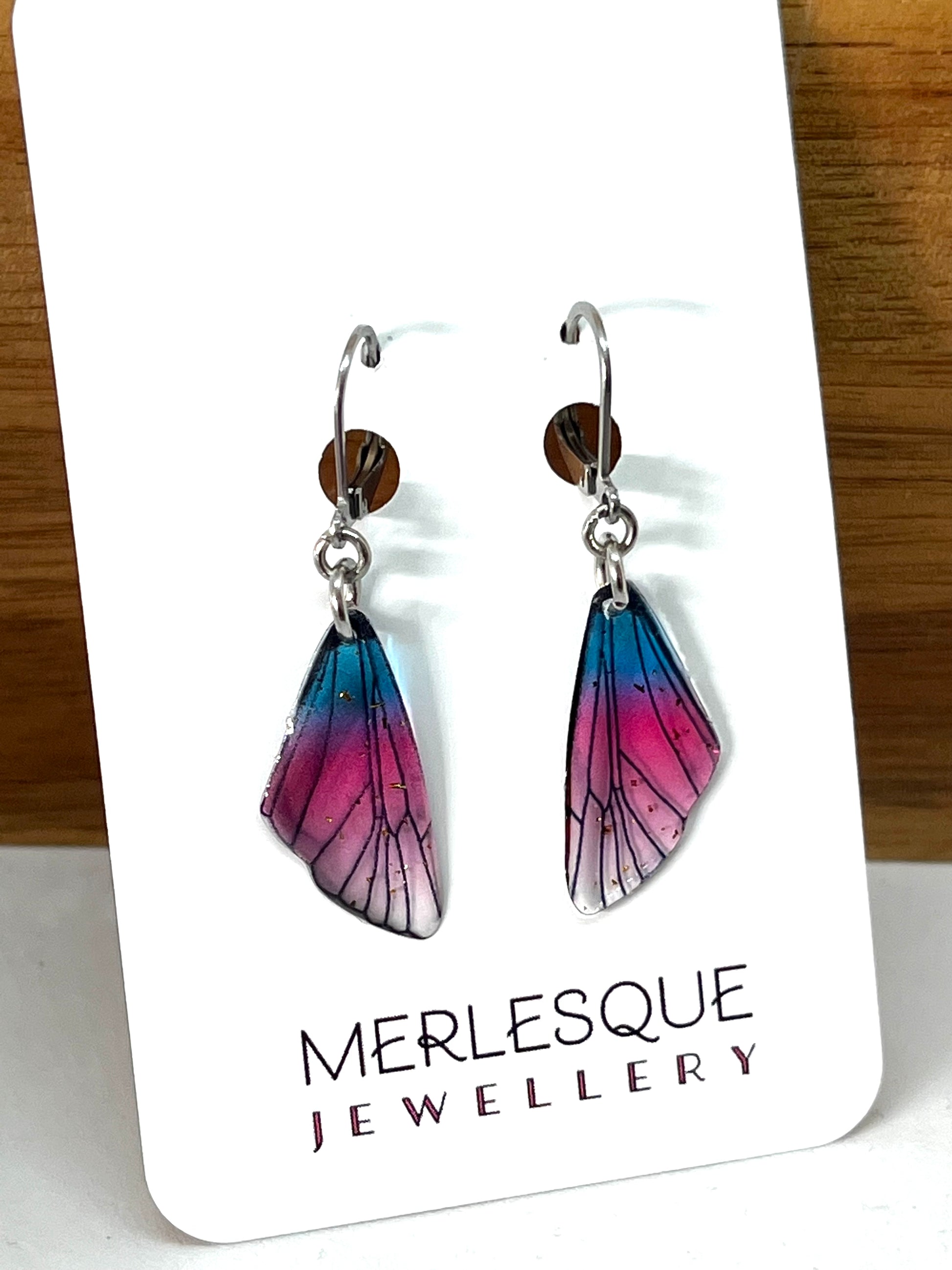 Stunning Aqua and pink dainty butterfly wing earrings