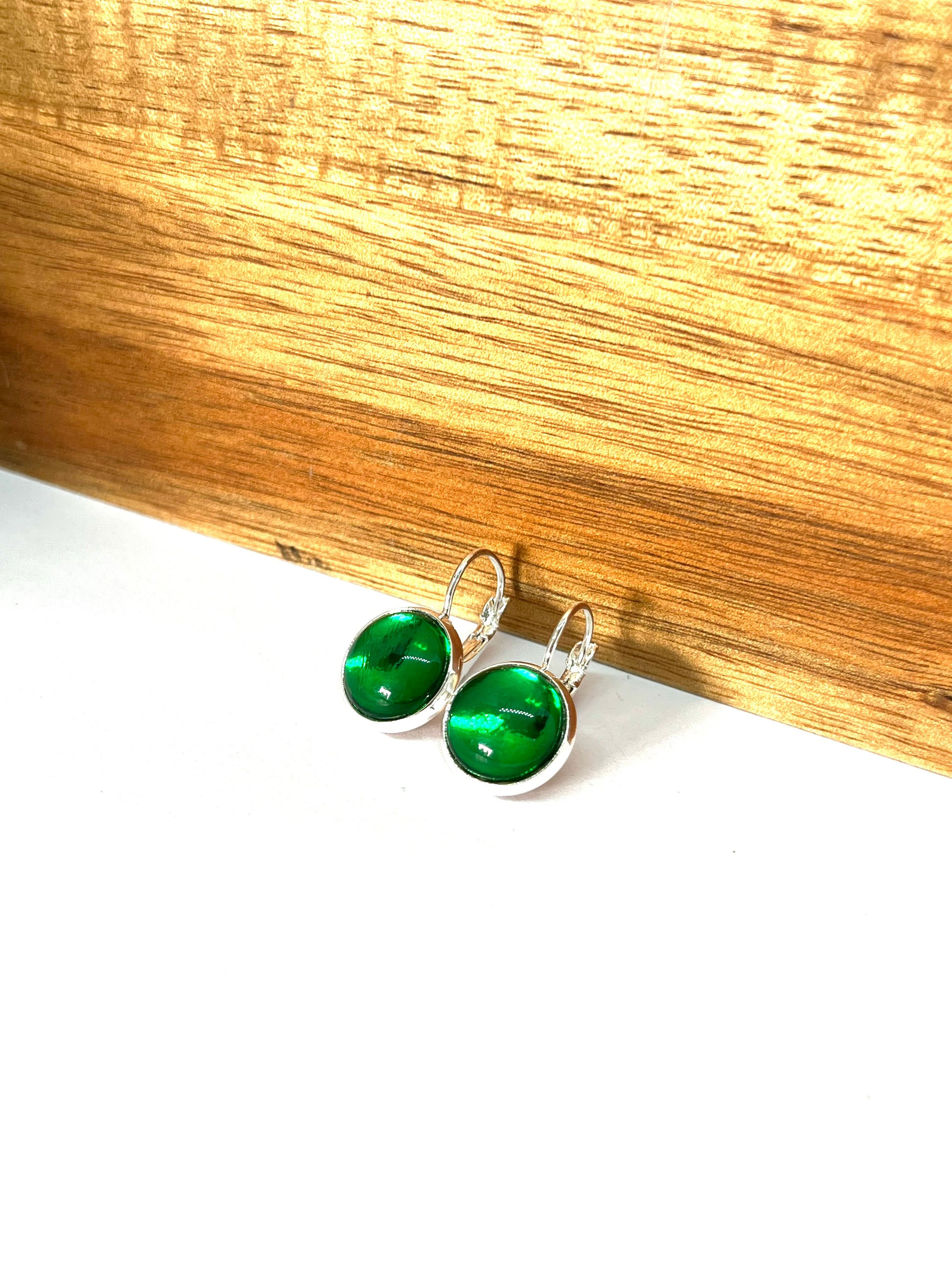 Emerald green metallic  glass dome earrings