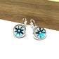 Metallic Aqua blue daisy glass dome earrings in a silver setting
