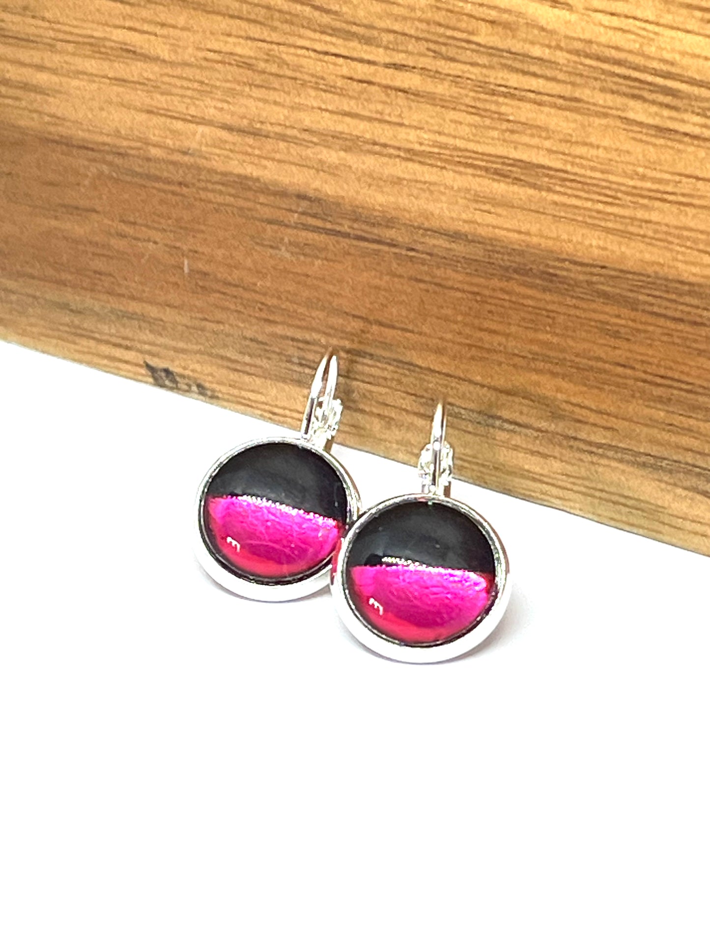 Hot pink dip on black glass dome earrings 