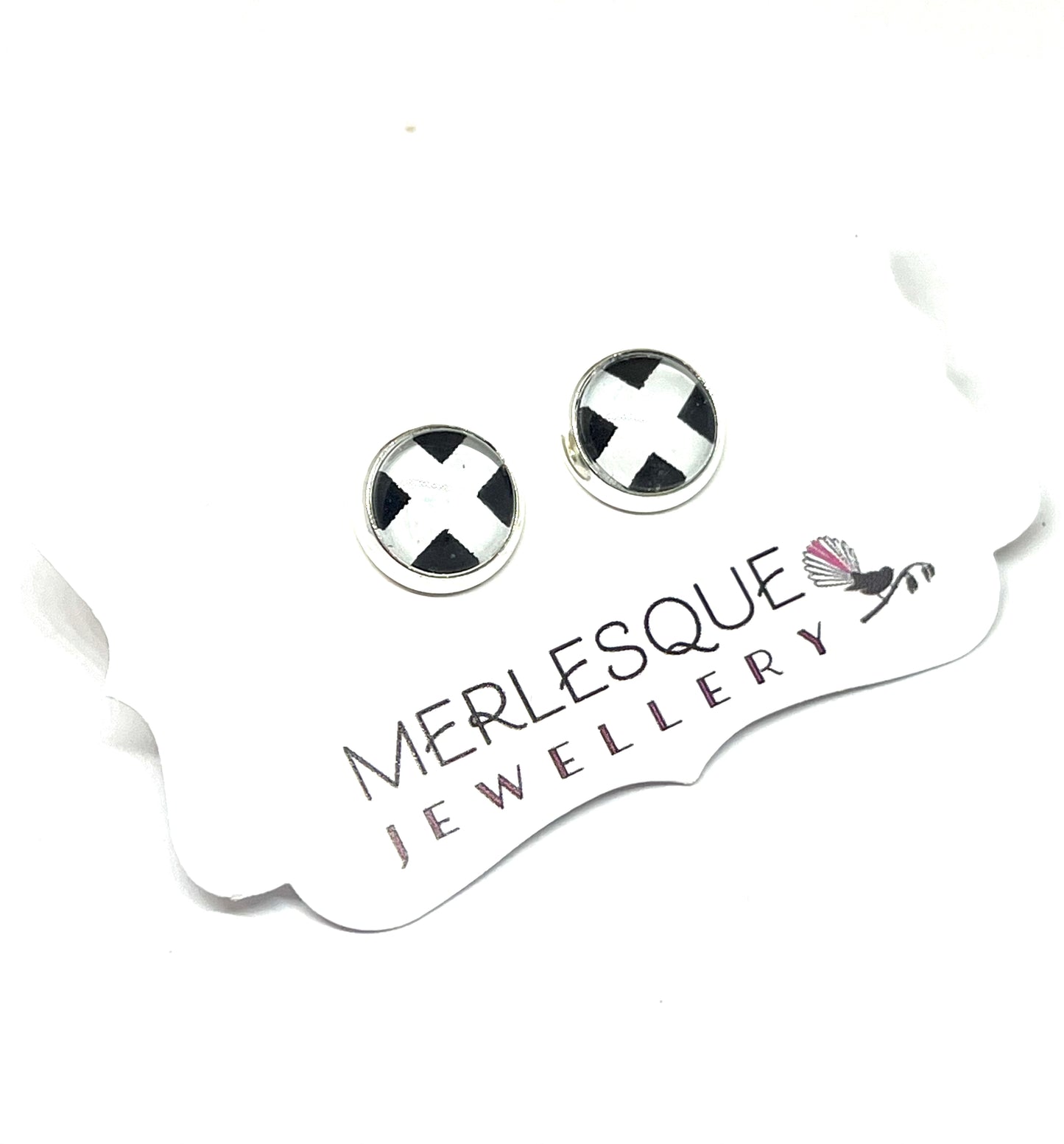 BLACK AND WHITE CROSS STUDS