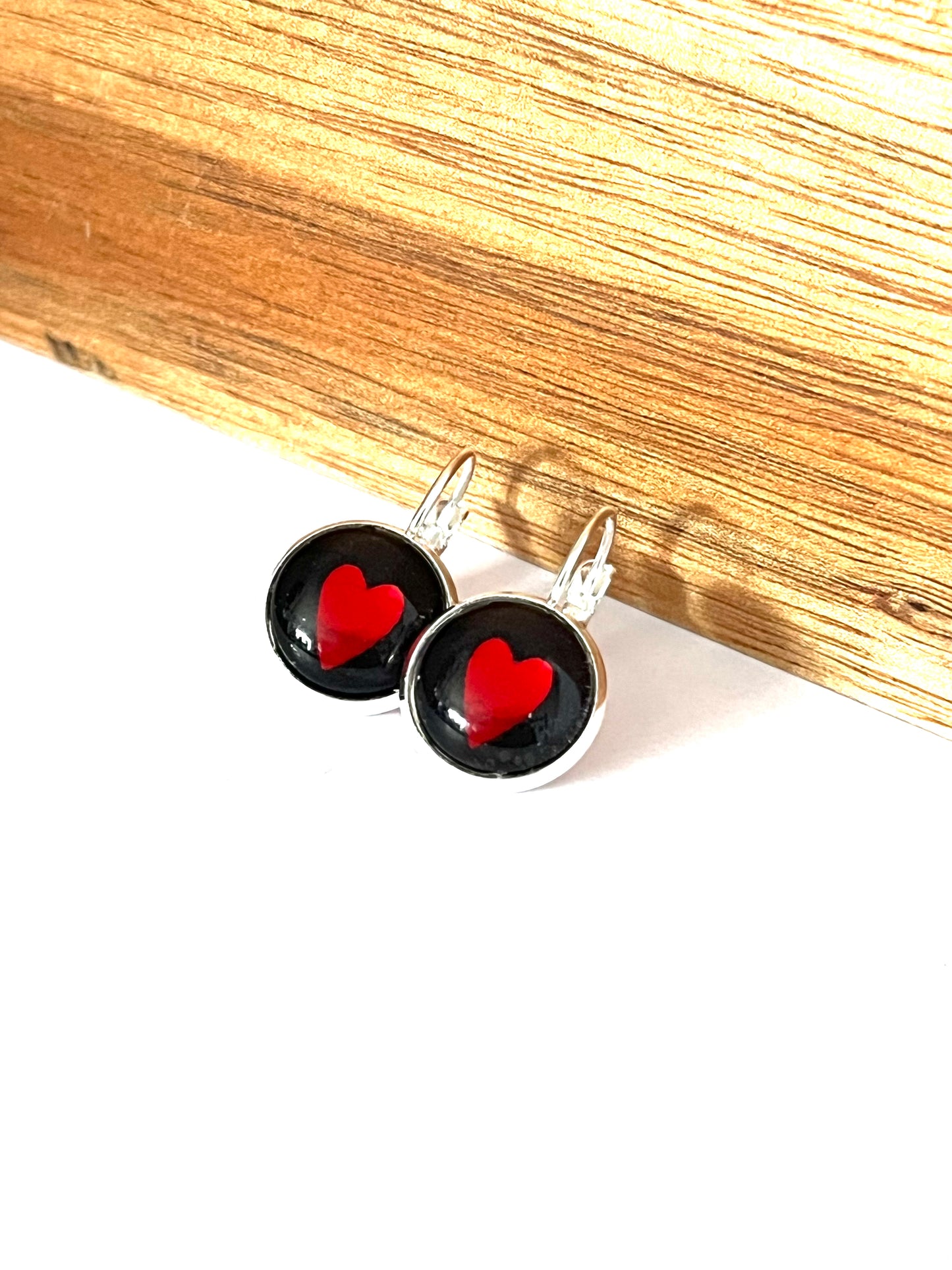  ruby red heart metallic glass dome earrings