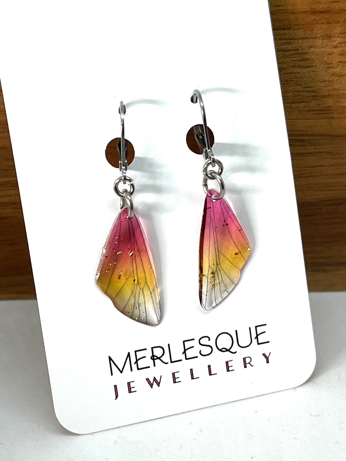 red and yellow dainty butterfly wing earrings