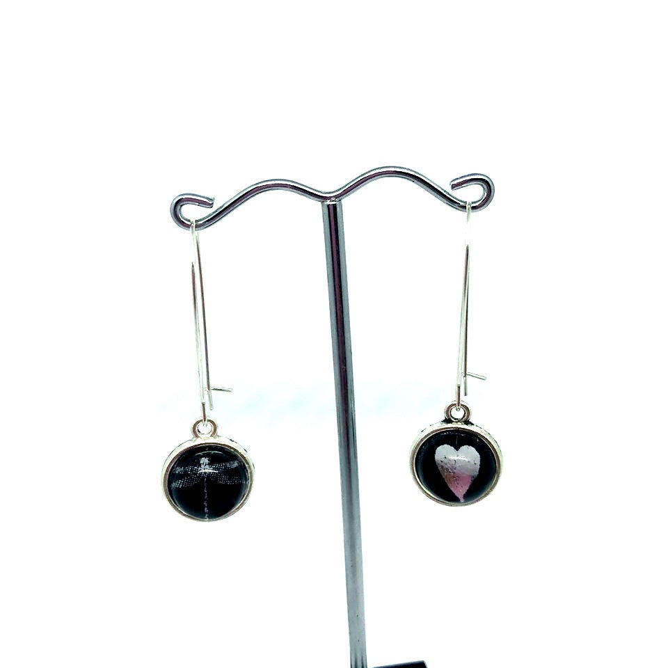 DOUBLE SIDED SILVER DRAGONFLY + HEART GLASS DOME EARRINGS