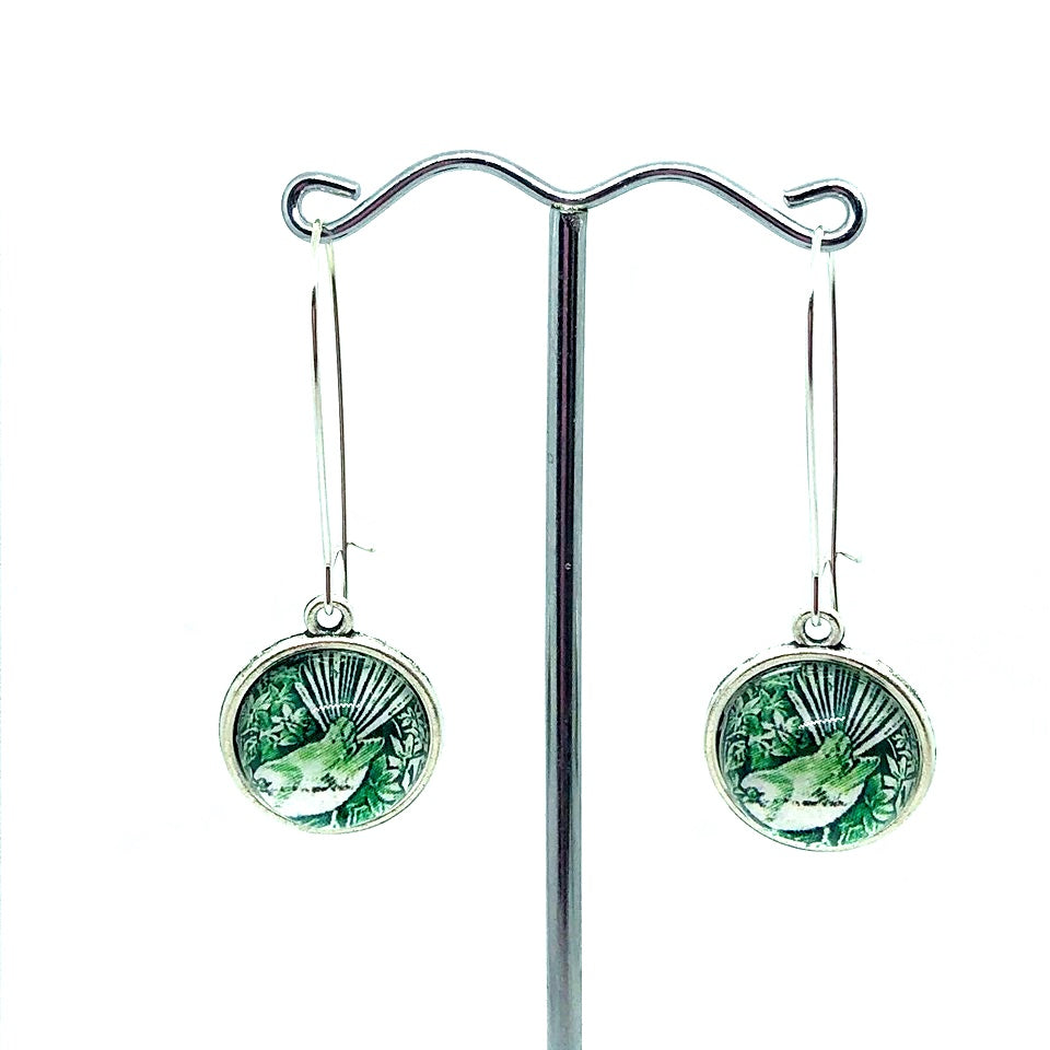 Green fantail glass dome earrings on long hooks