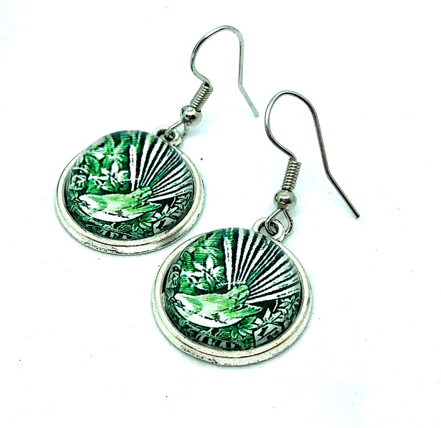 green fantail Piwakawaka glass dome earrings