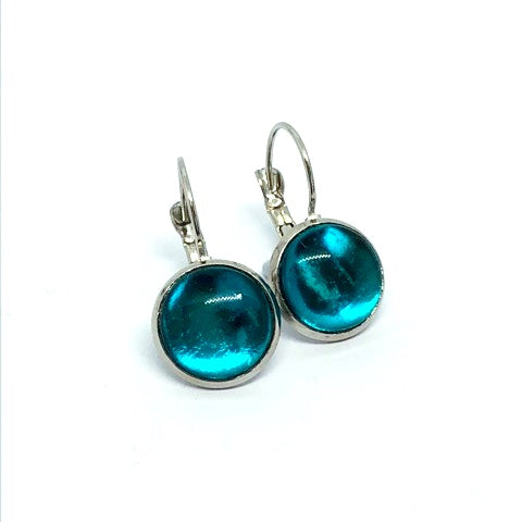 Metallic Aqua blue glass dome earrings in a silver setting