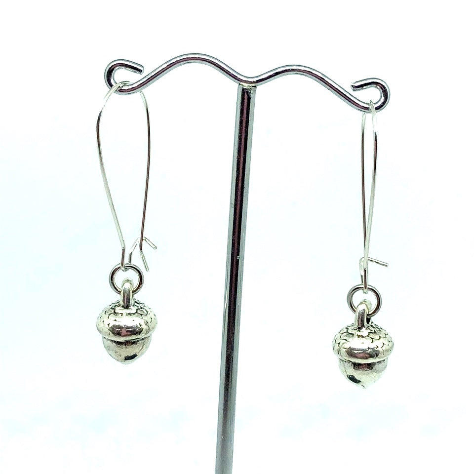 Long silver Acorn earrings