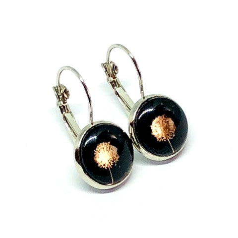 Rose gold dandelions on black glass dome earrings