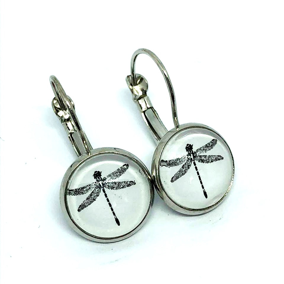 black dragonflies on a pearl white background glass dome earrings