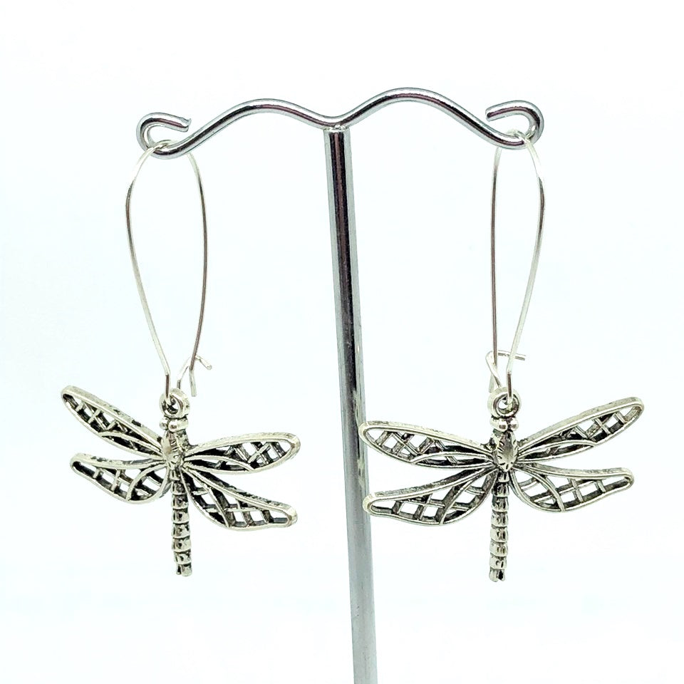 Long hook Silver filigree dragonfly earrings 