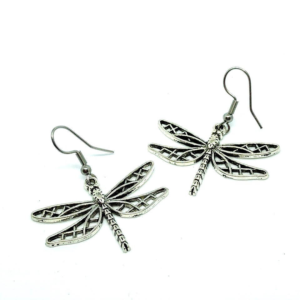 short hooked Silver filigree dragonfly earrings 