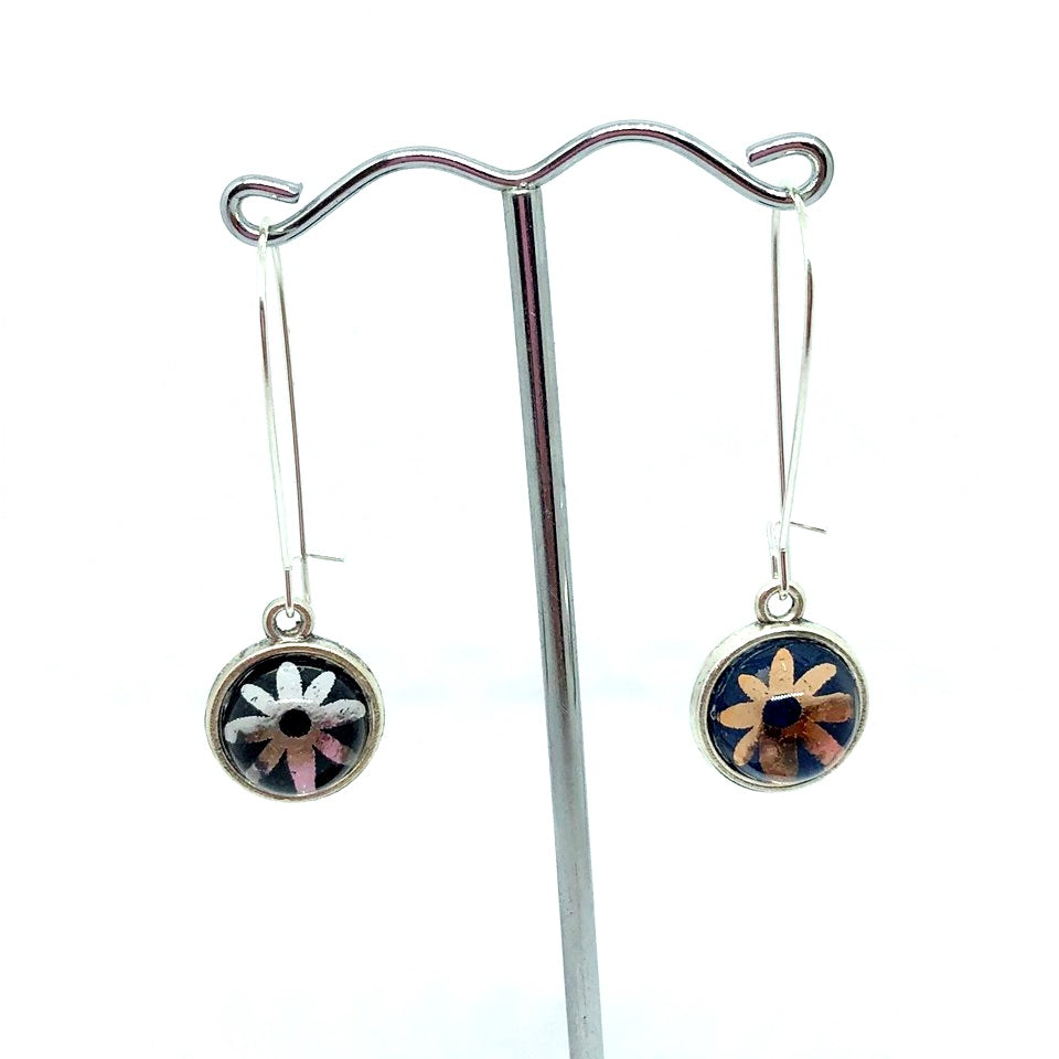 DOUBLE SIDED SILVER + ROSE GOLD DAISY GLASS DOME EARRINGS